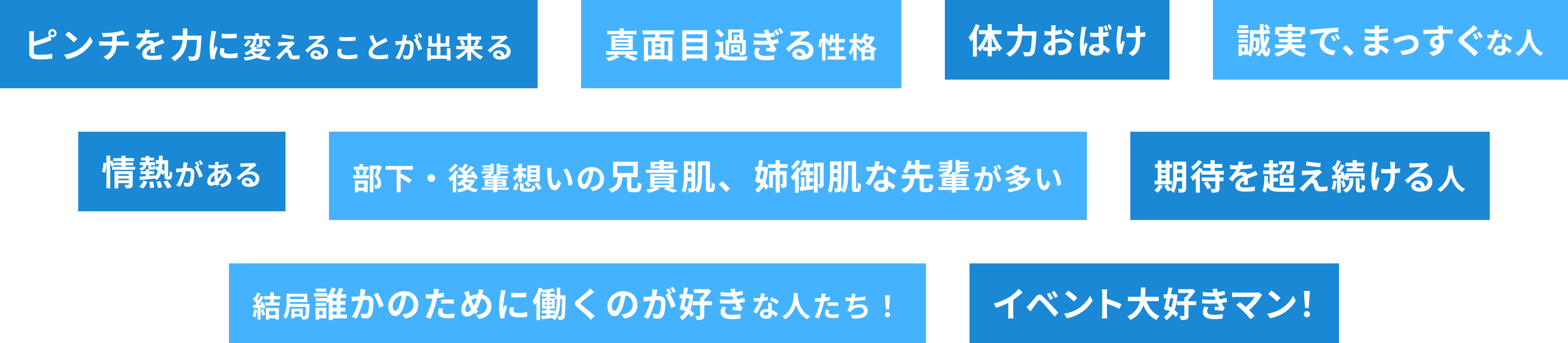 ピンチを力に変えることが出来る, 真面目目過ぎる性格, 体力おばけ, 誠実で、まっすぐな人, 情熱がある, 部下・後輩想いの兄貴肌、師御肌な先輩が多い, 期待を超え続ける人, 結局誰かのために働くのが好きな人たち!, イベント大好きマン!